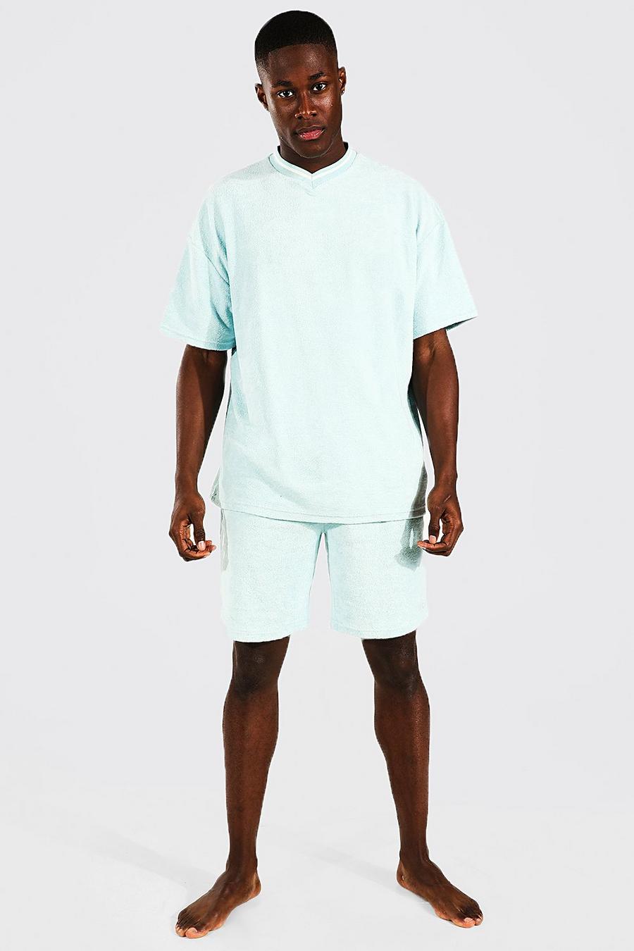 Set in Übergröße mit geripptem T-Shirt und Shorts aus Handtuch-Frottee, Pastellblau image number 1