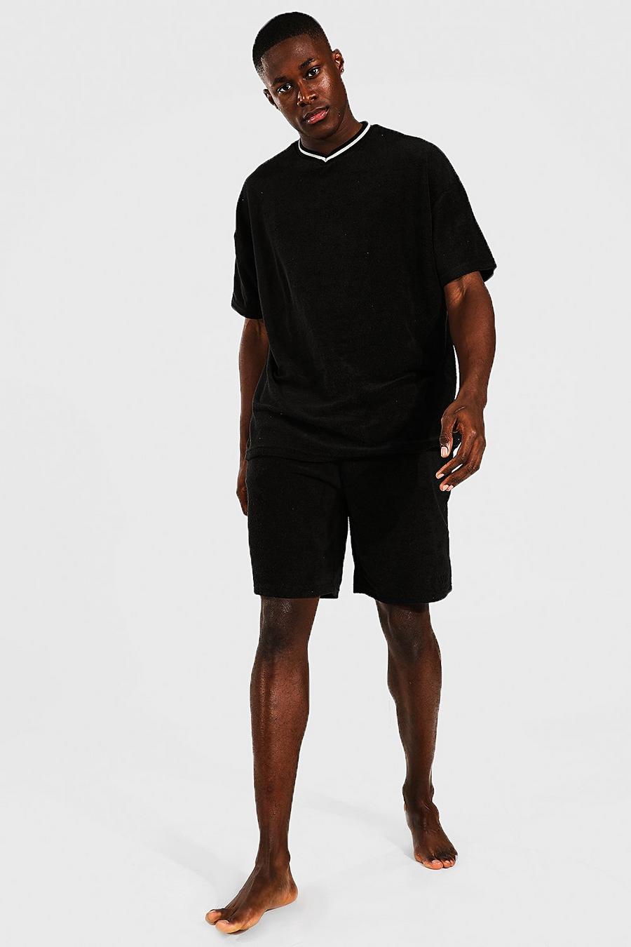 Black Oversized Ribbed Towelling Tee and Short Set image number 1