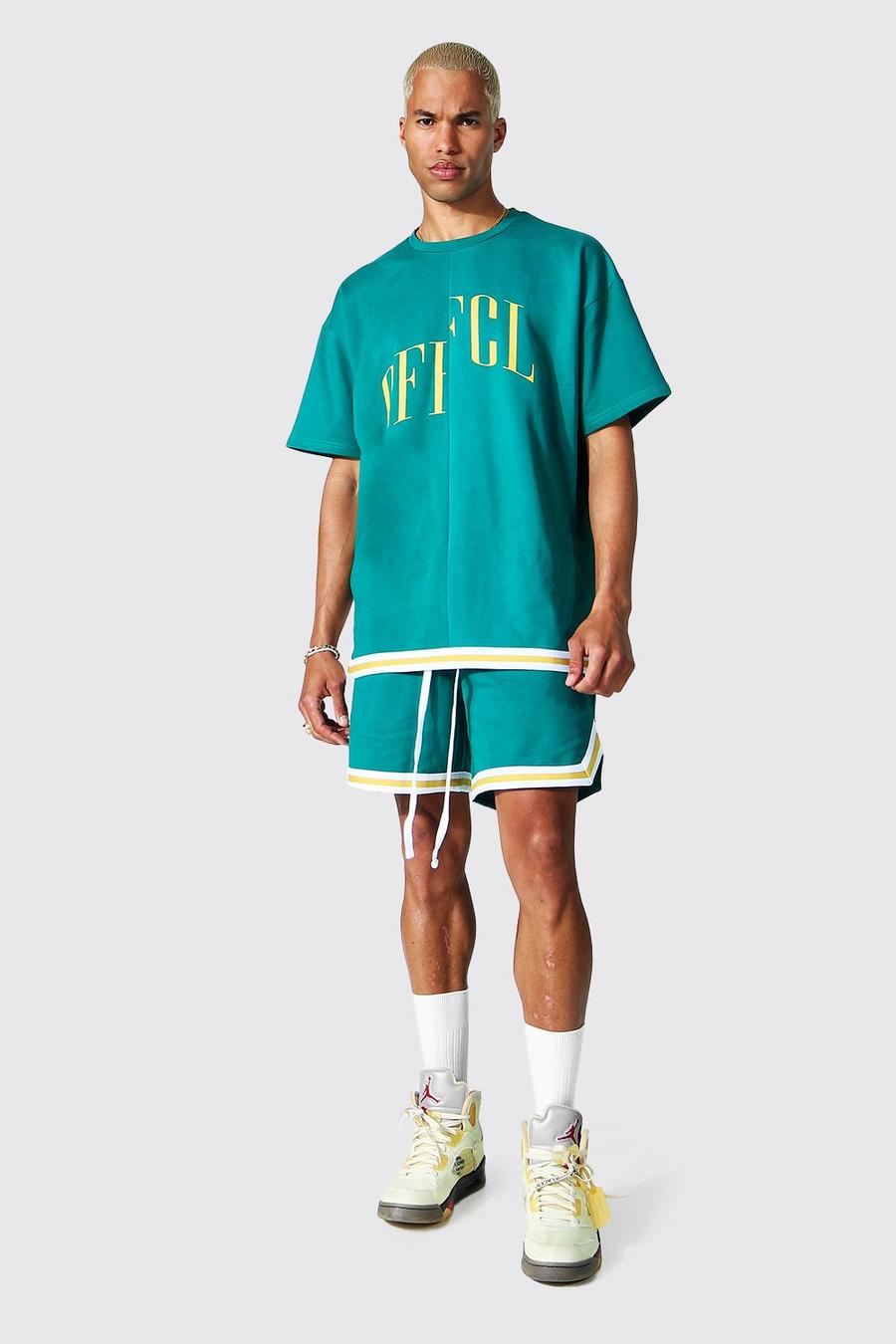 Teal Oversized Offcl T-Shirt Met Streep En Basketbal Shorts image number 1