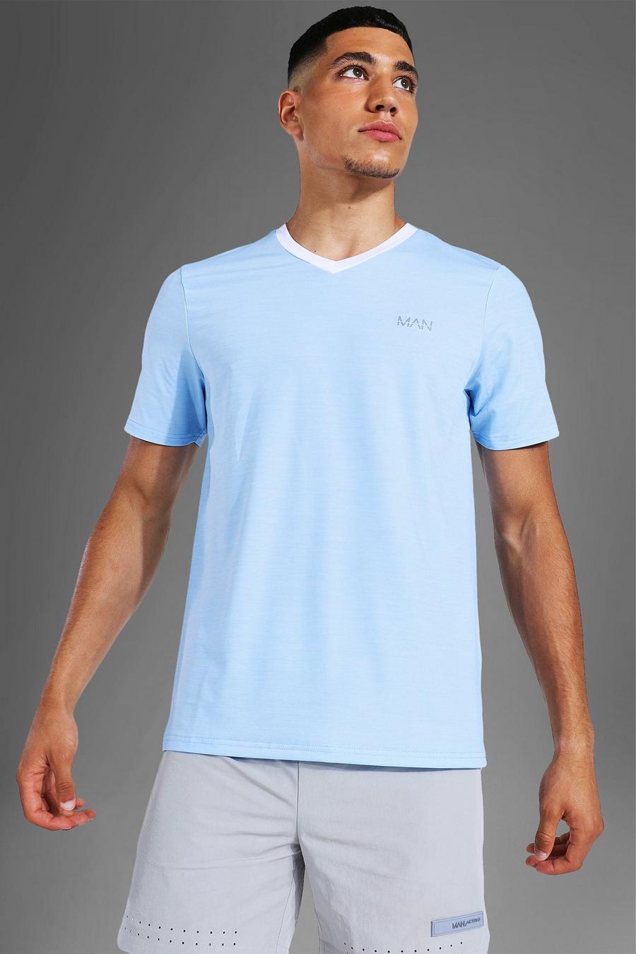 Geripptes Man Active T-Shirt mit V-Ausschnitt, Light blue image number 1