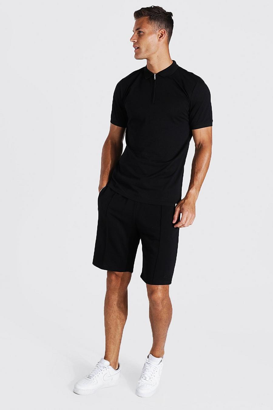 Black Tall Muscle Fit Polo And Pintuck Short Set image number 1