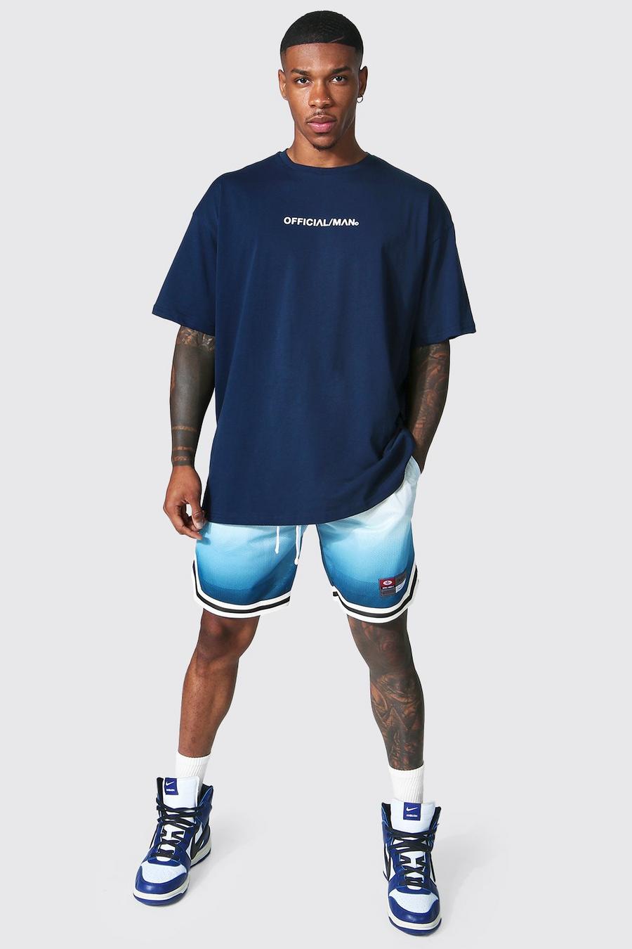 Pantalón corto con cinta de malla y camiseta MAN oversize en degradado, Blue image number 1