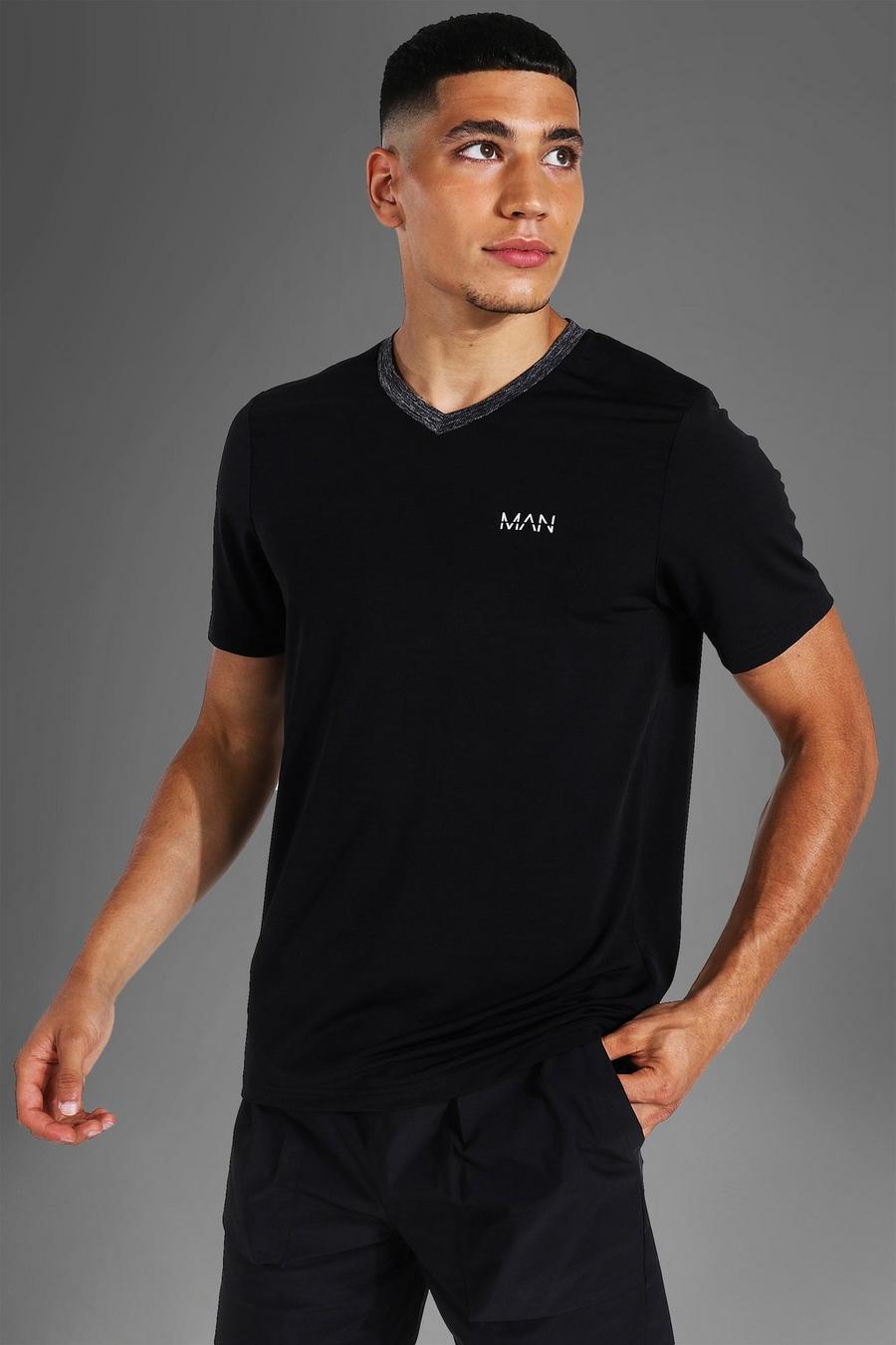 Black Man Active Gym Rib V Neck Collar T Shirt image number 1