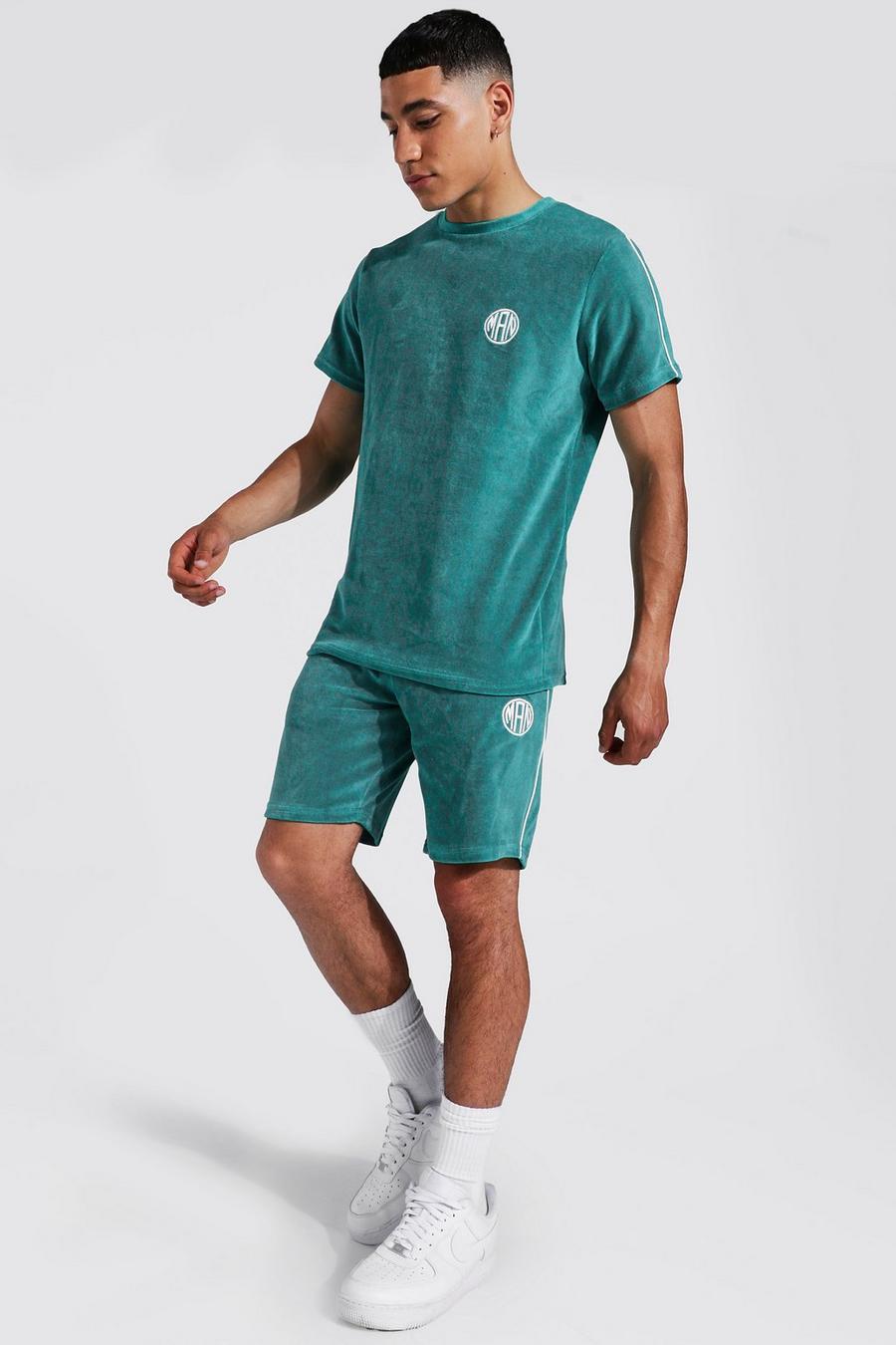 Teal Slim Man Velour Tee & Short Set With Piping image number 1