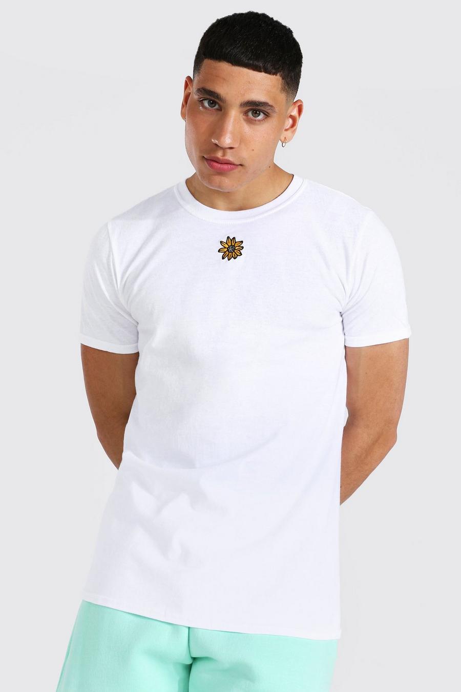 T-Shirt mit Sonnenblumen Stickerei, White image number 1