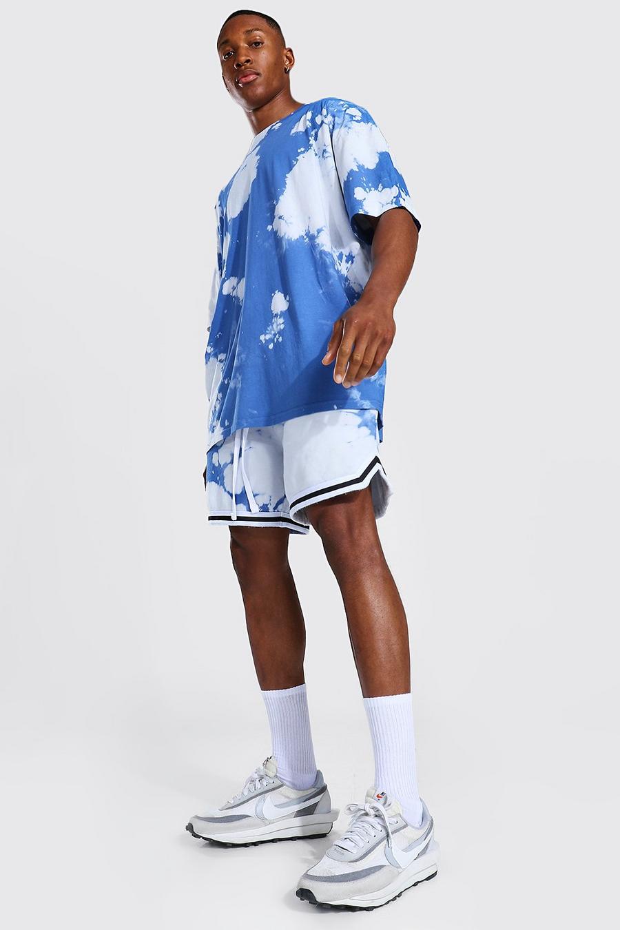 T-shirt oversize & pantaloncini da basket in fantasia tie dye, Blue image number 1