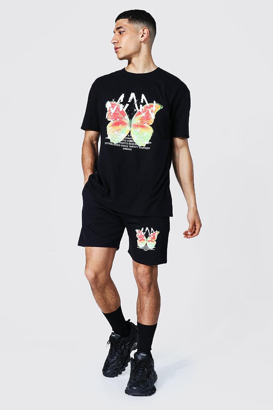 Black Oversized Butterfly Graphic T-Shirt And Short Set image number 1