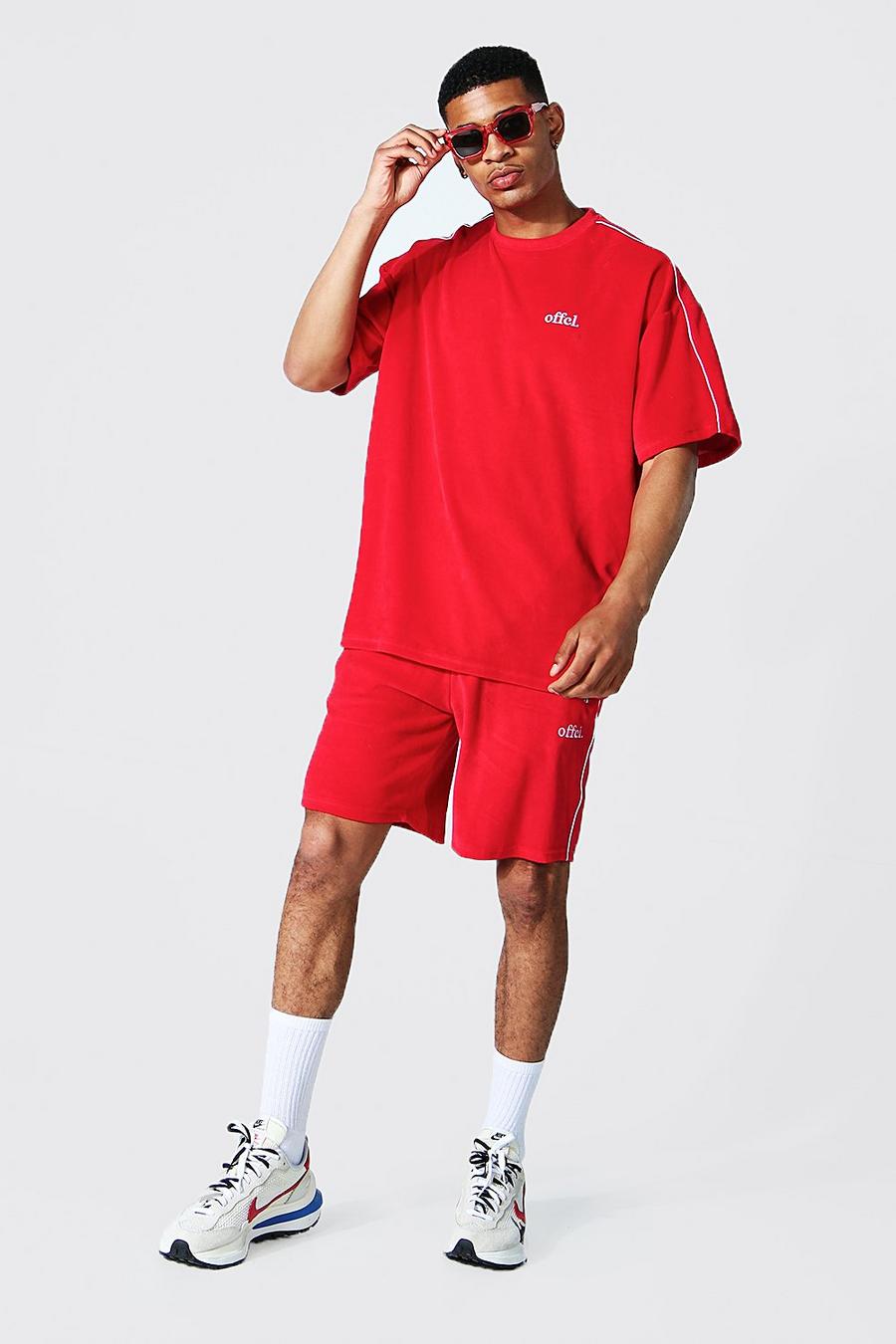 Red Oversized Offcl Velour T-shirt And Short Set image number 1