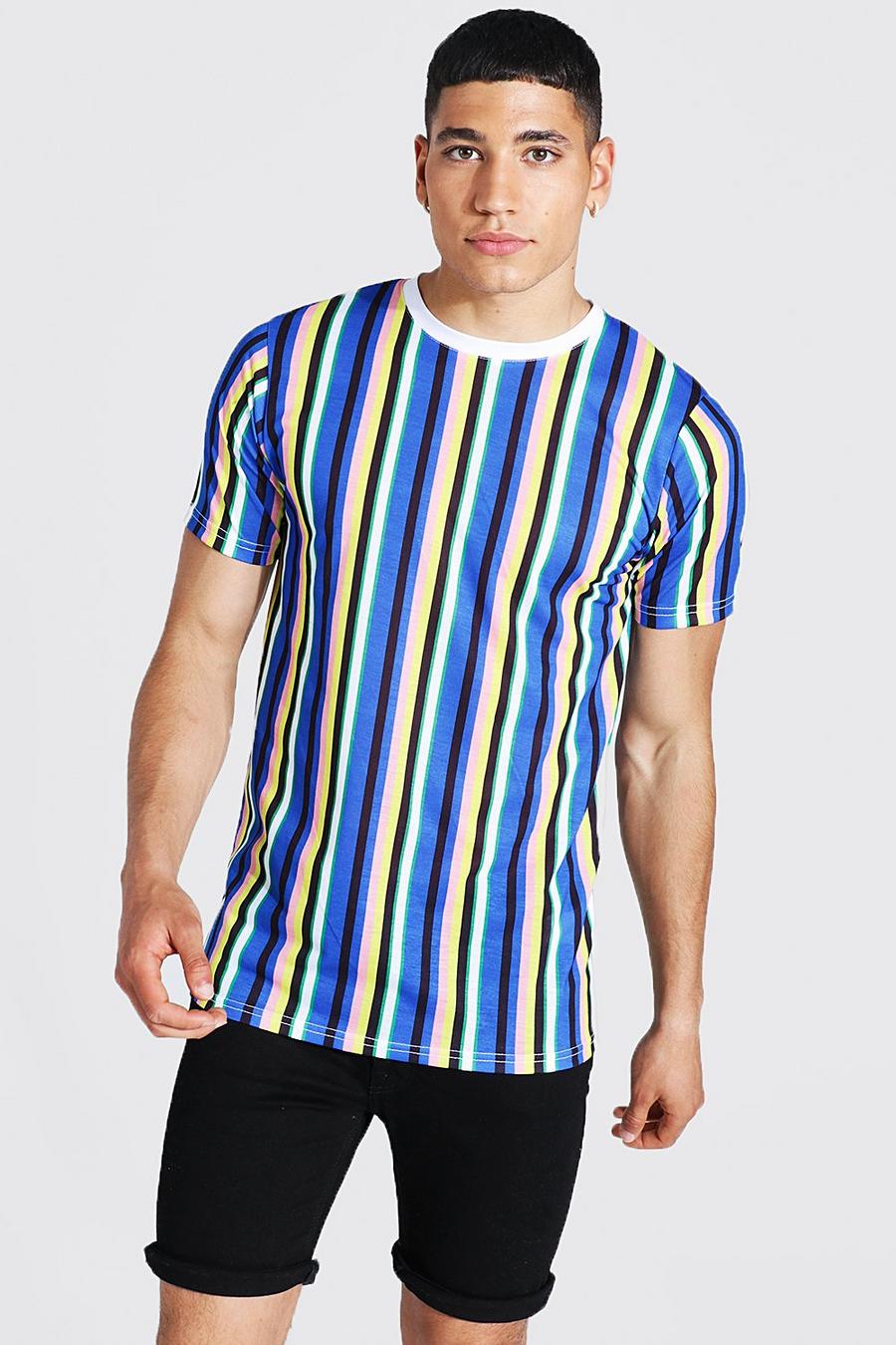 T-shirt slim ras du cou à bande verticale, Blue image number 1