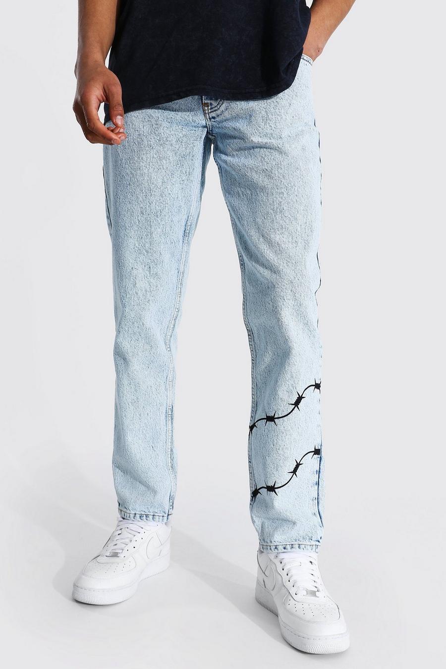 Jeans a gamba dritta con stampa di filo spinato, Blu ghiaccio image number 1