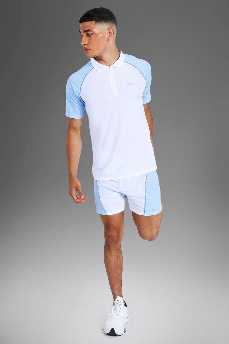 White Man Active Gym Contrast Neck Polo & Short Set image number 1