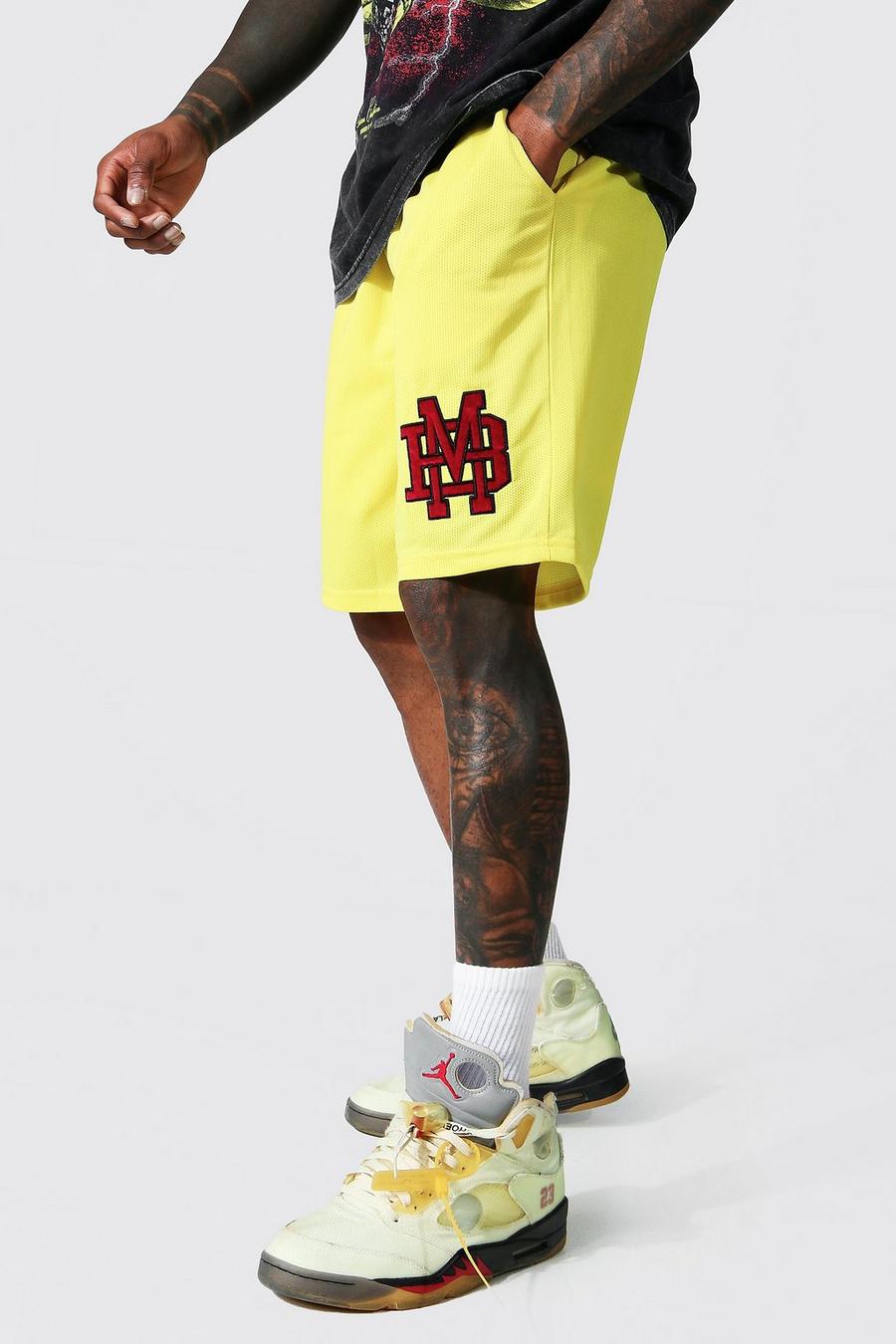 Yellow Mesh Basketball Shorts With Badge image number 1