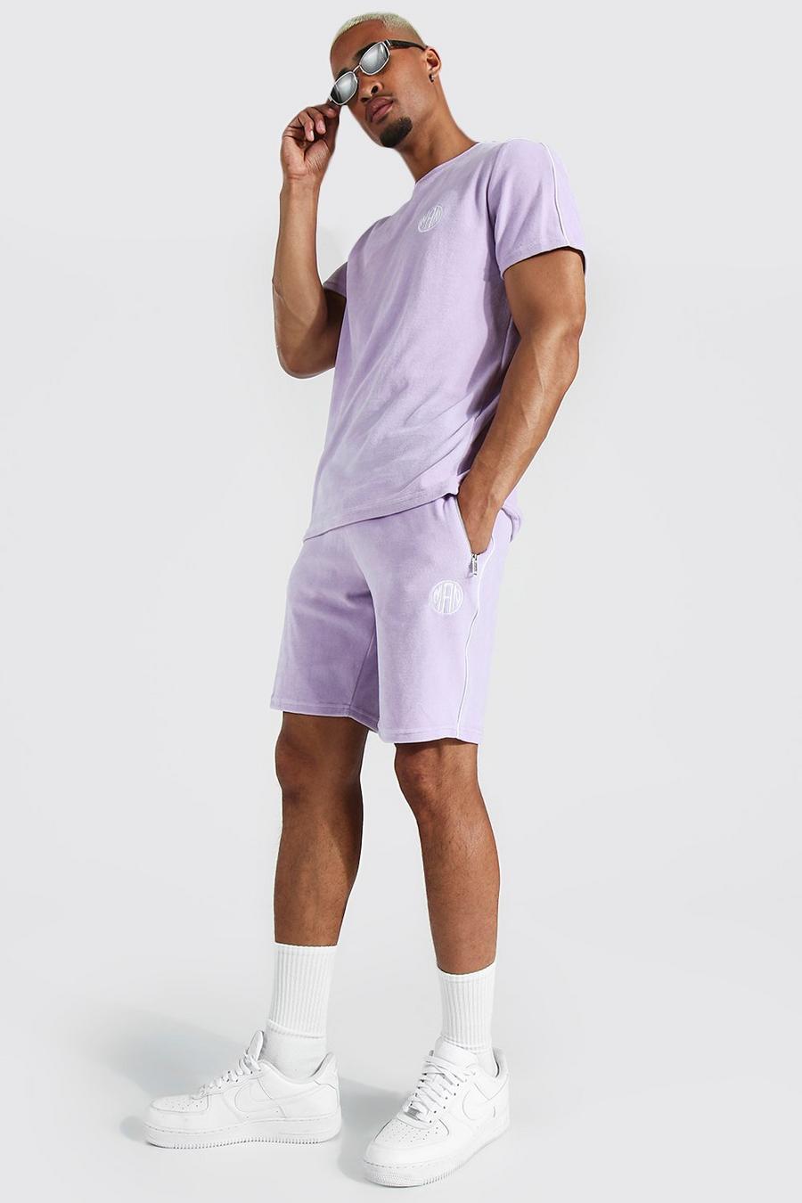 Slim Man Velour T-Shirt und Shorts mit Detail, Lilac image number 1