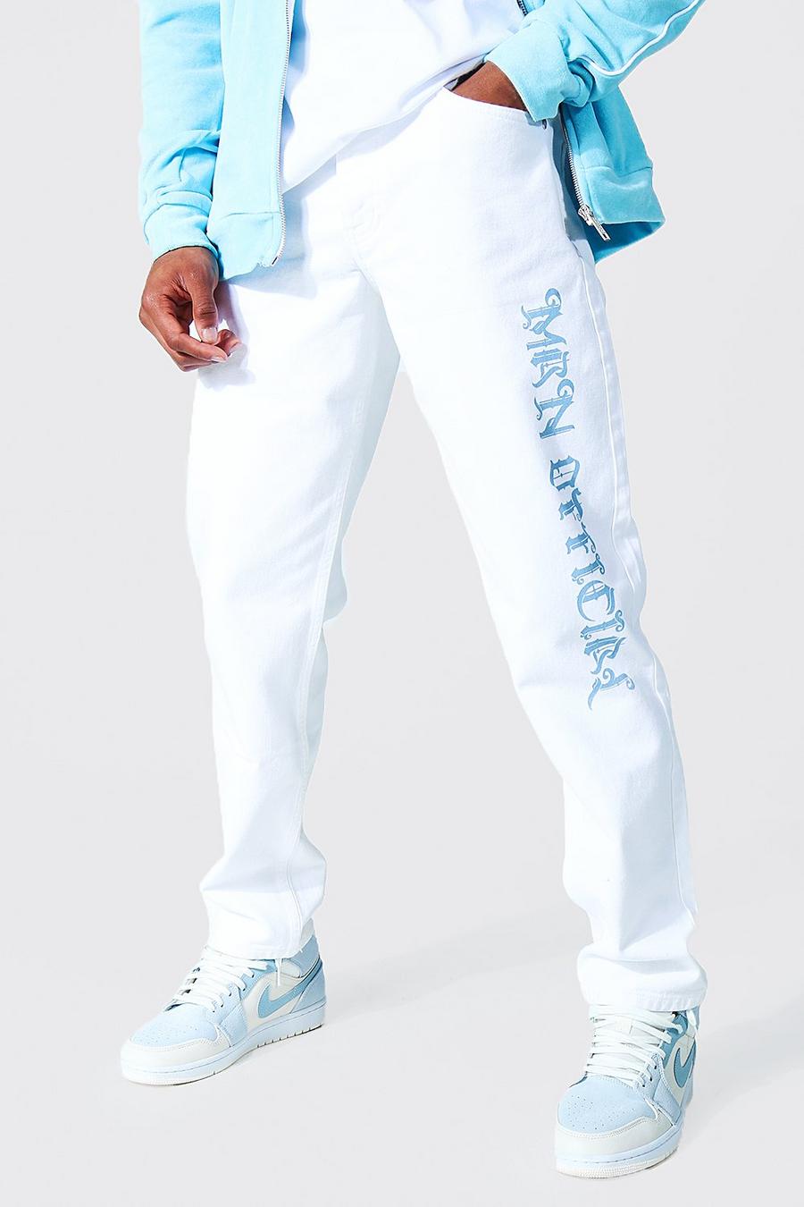 Jeans taglio rilassato con stampa Man Official su una gamba, White image number 1