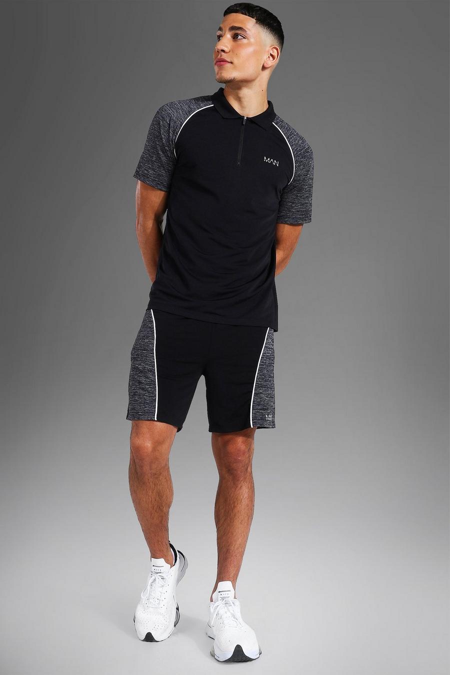 Set Man Active polo con colletto in contrasto & pantaloncini, Black image number 1