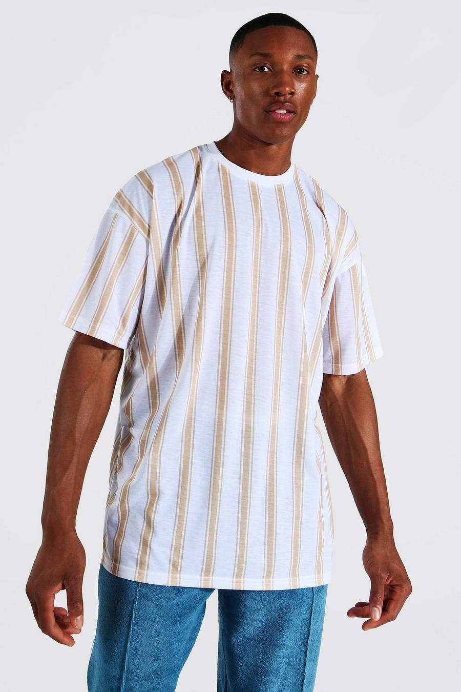 White Oversized Vertical Stripe Crew Neck T-shirt image number 1