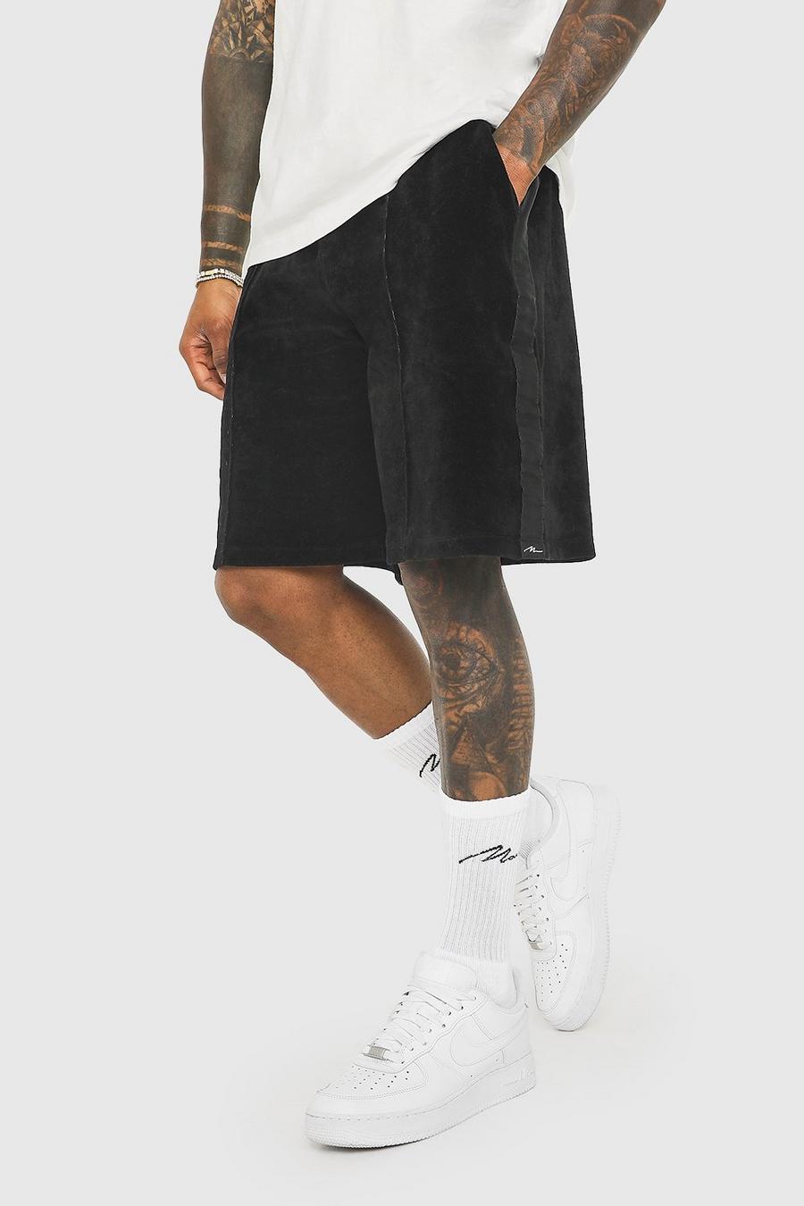 Black Oversized Man Velour Side Tape Shorts image number 1