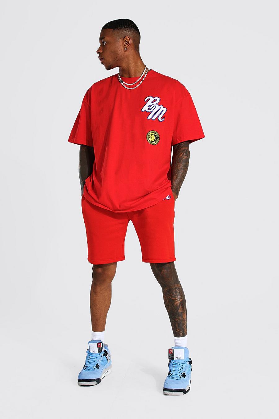 Red Oversized Applique Varsity Tshirt and Shorts Set image number 1