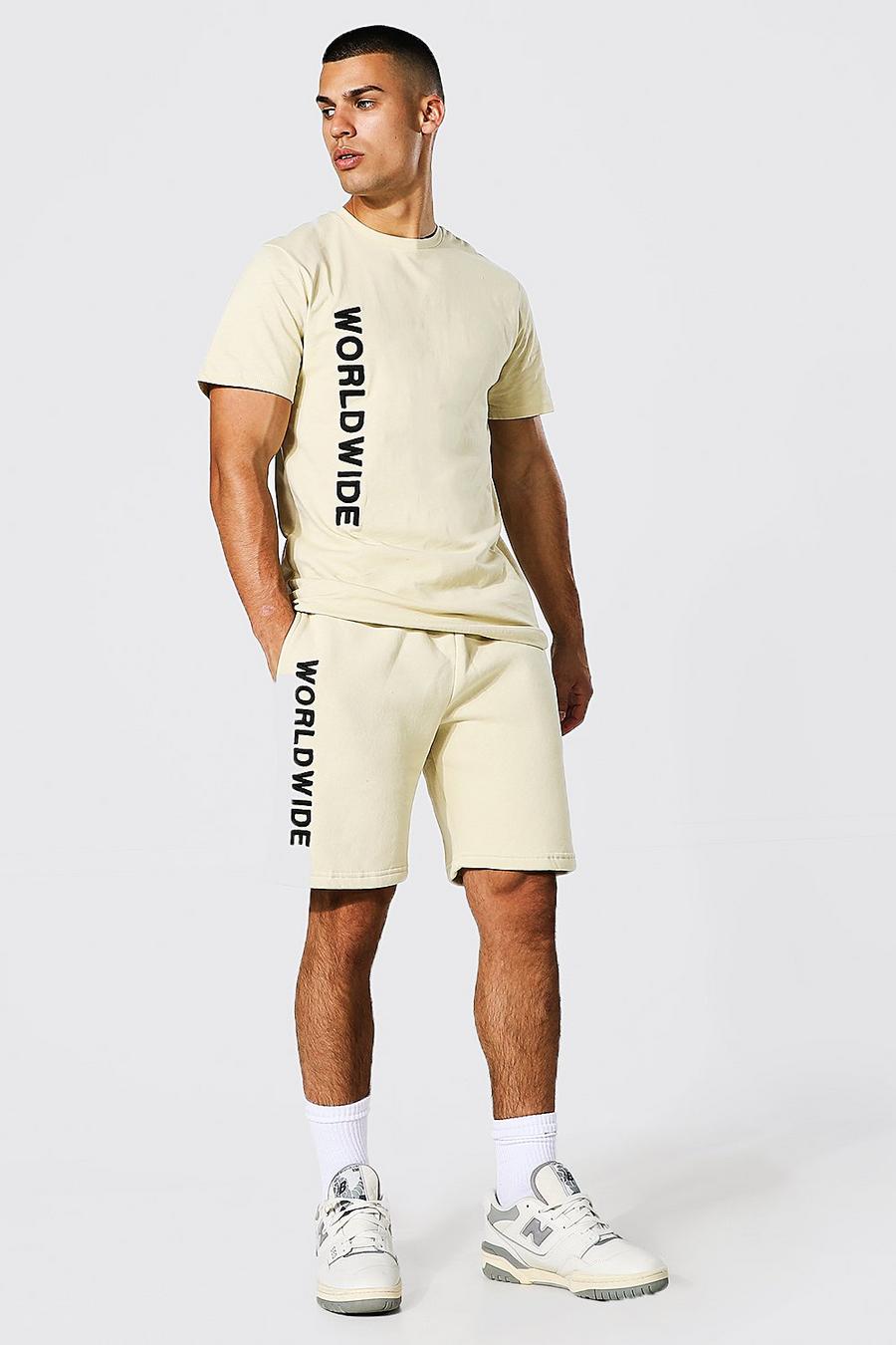 Sand Slim Fit Worldwide Embroidery Tee And Short Set image number 1
