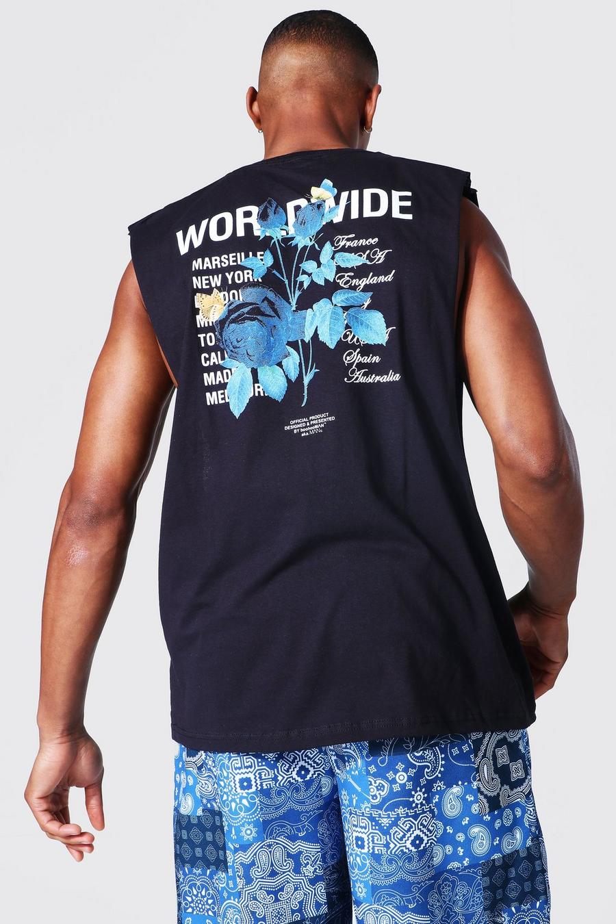 שחור גופייה אוברסייז עם כיתוב Worldwide והדפס פרחוני בגב image number 1