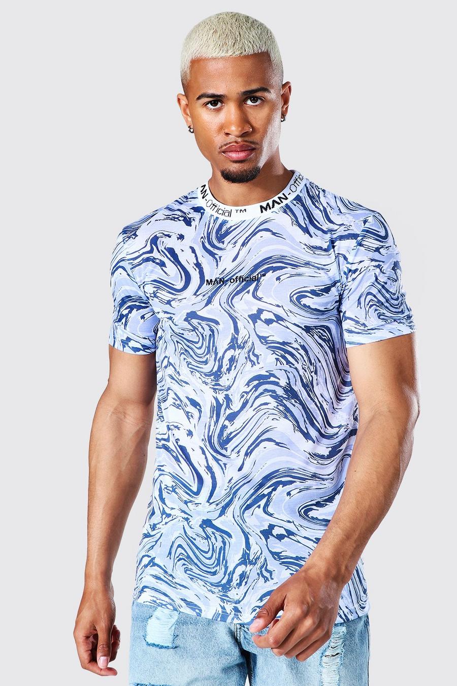 Blue Man Muscle Fit Marmerprint T-Shirt Met Jacquard Kraag image number 1