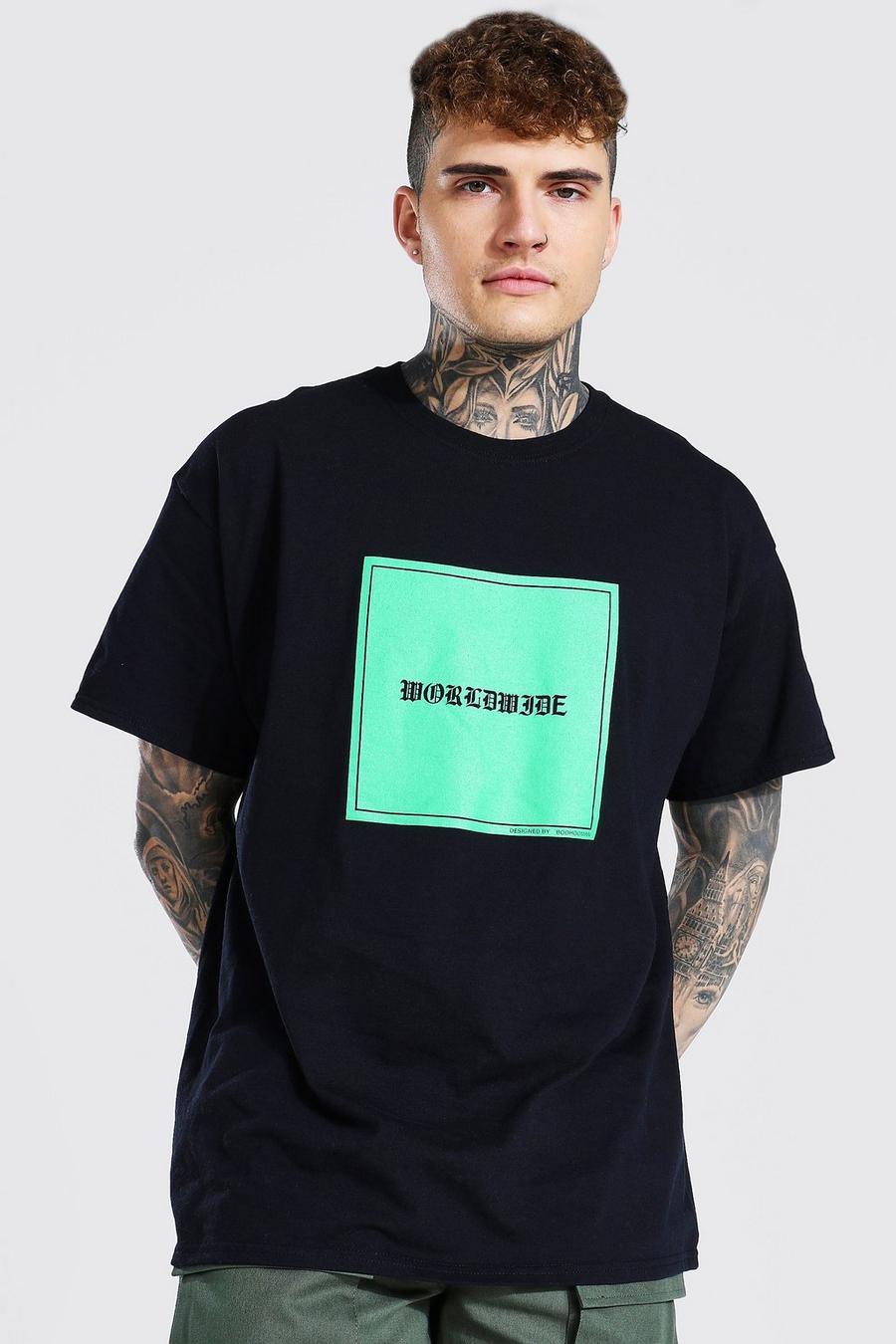 Camiseta oversize con estampado Worldwide en cuadrado, Black image number 1