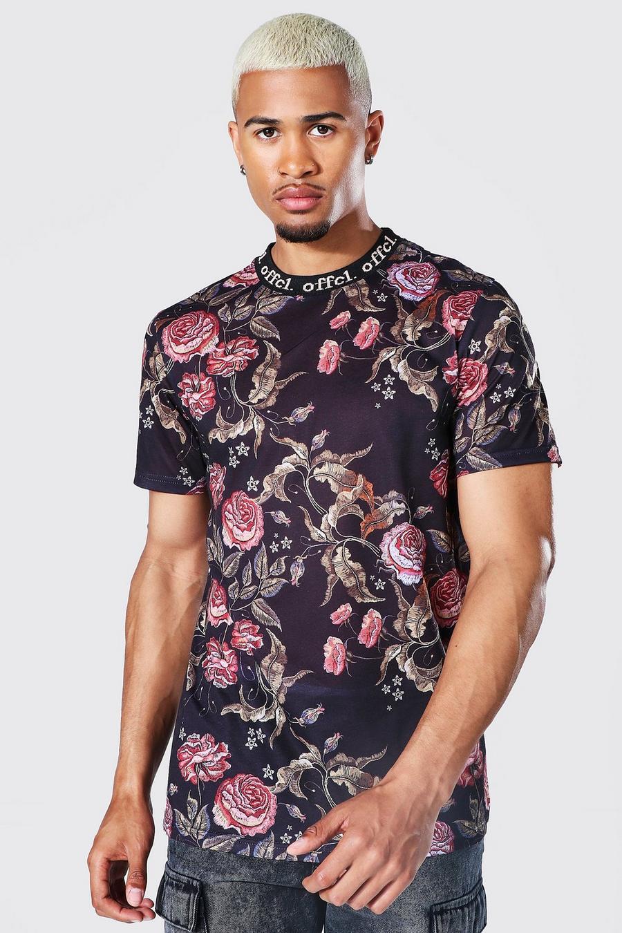 Camiseta con cuello jacquard con estampado floral Offcl, Negro image number 1