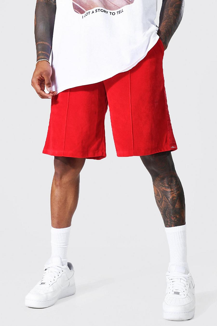 Red Oversized Man Velour Side Tape Shorts image number 1