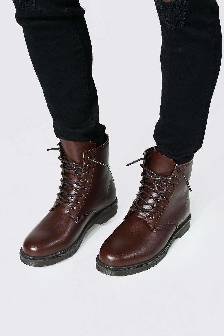 Chocolate marron Leather Look Lace Up Boot