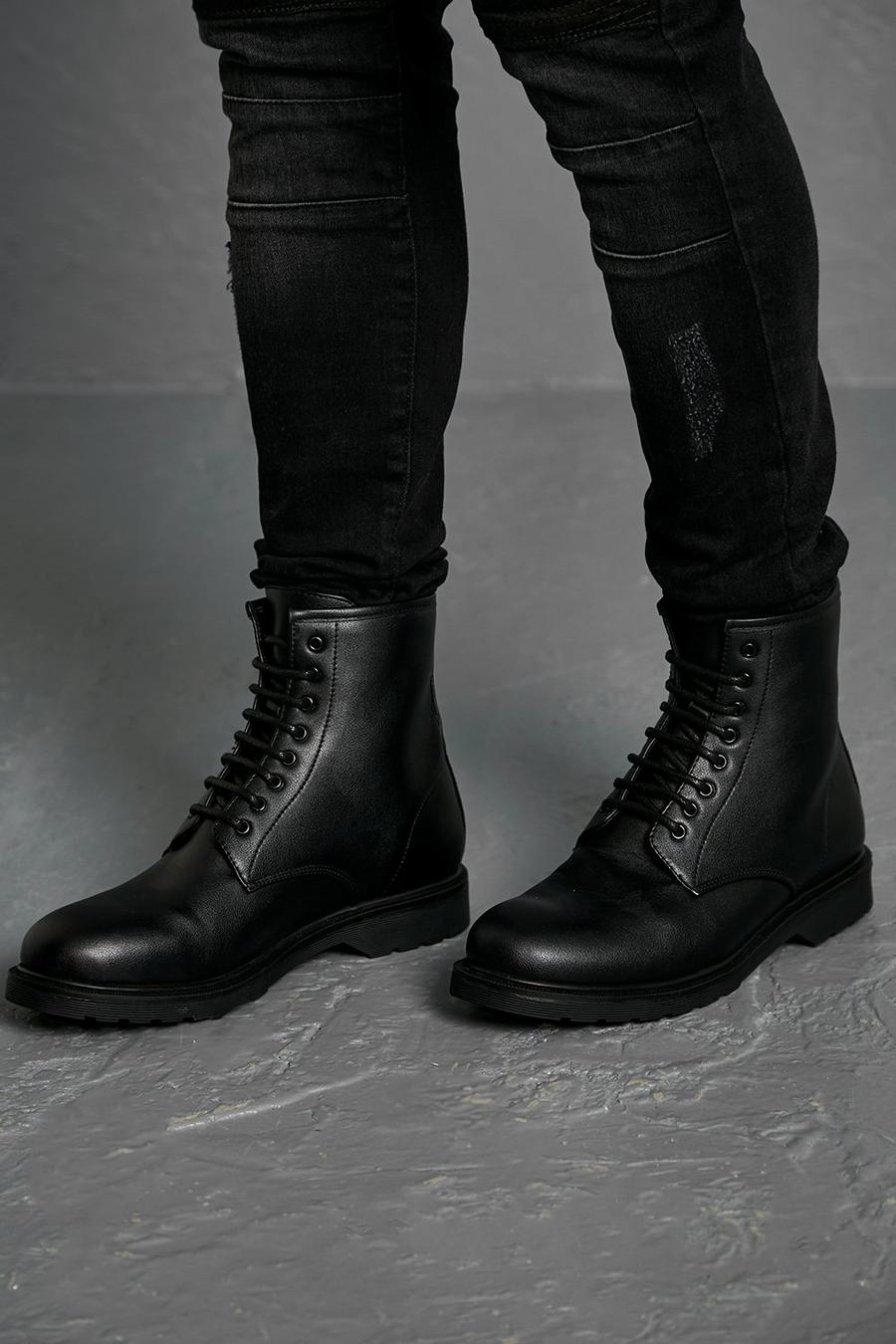Black svart Leather Look Lace Up Boot