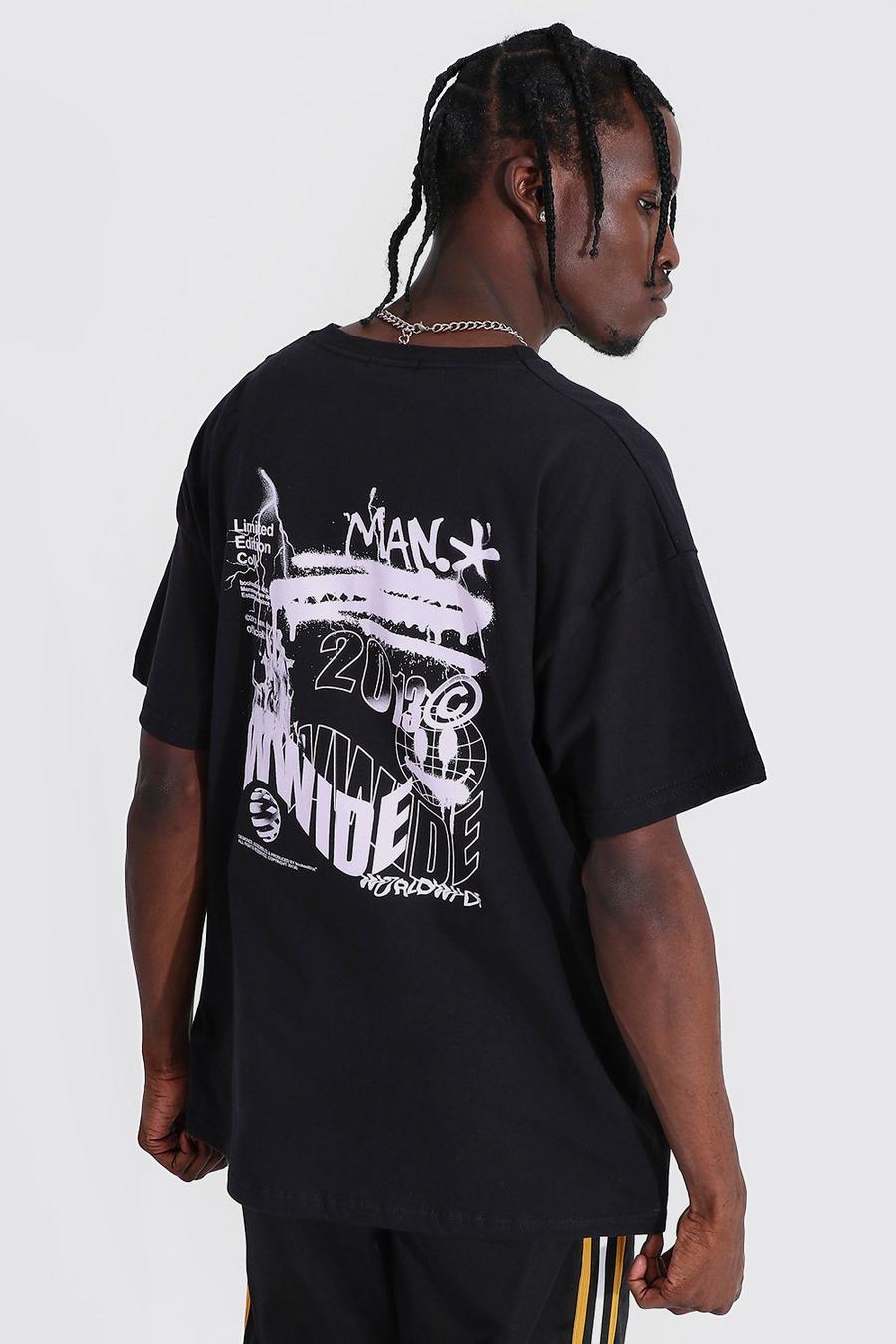 Camiseta ancha con estampado gráfico en la espalda, Negro image number 1