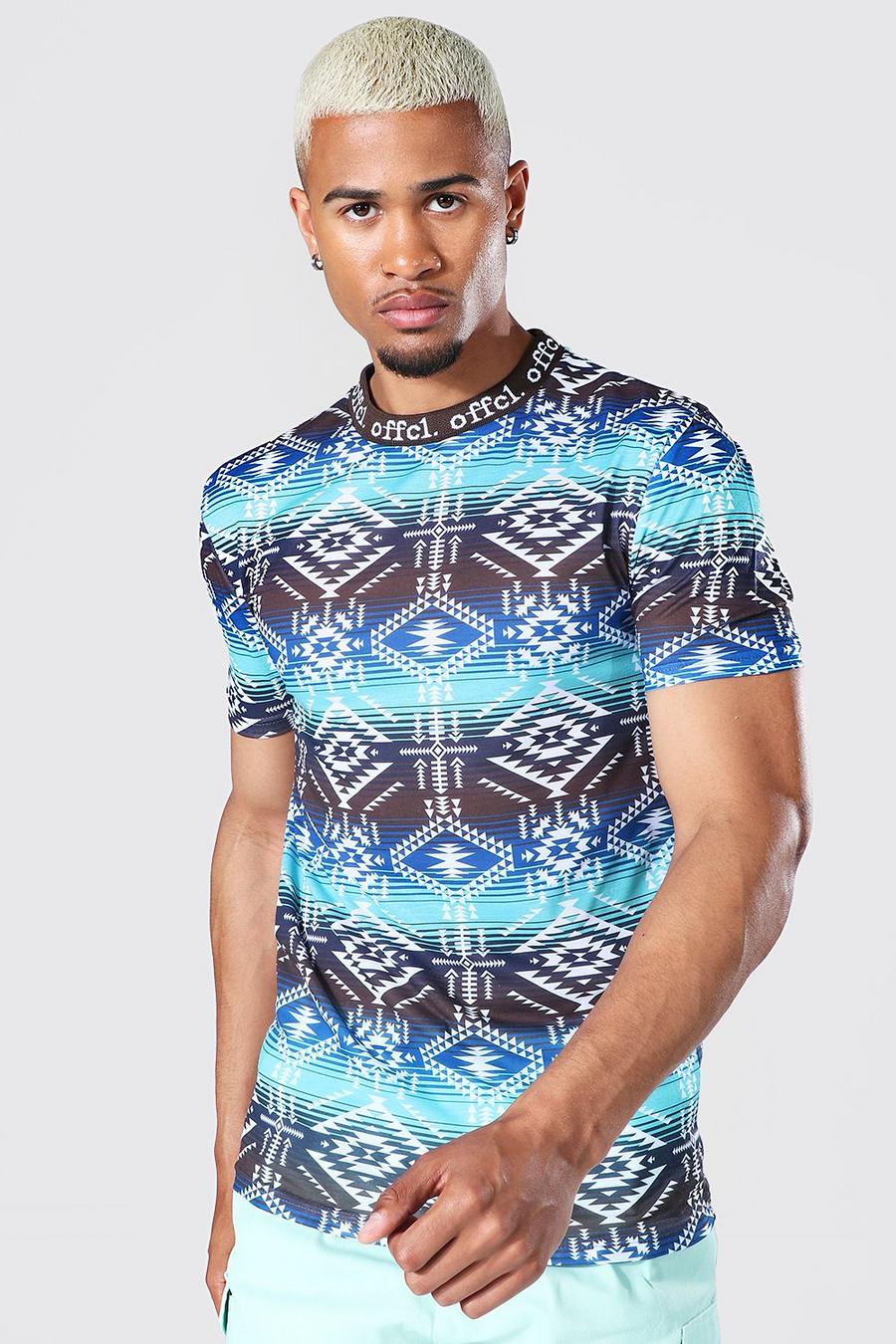 Blue Muscle Fit Offcl Aztec Jacquard Neck T-shirt image number 1