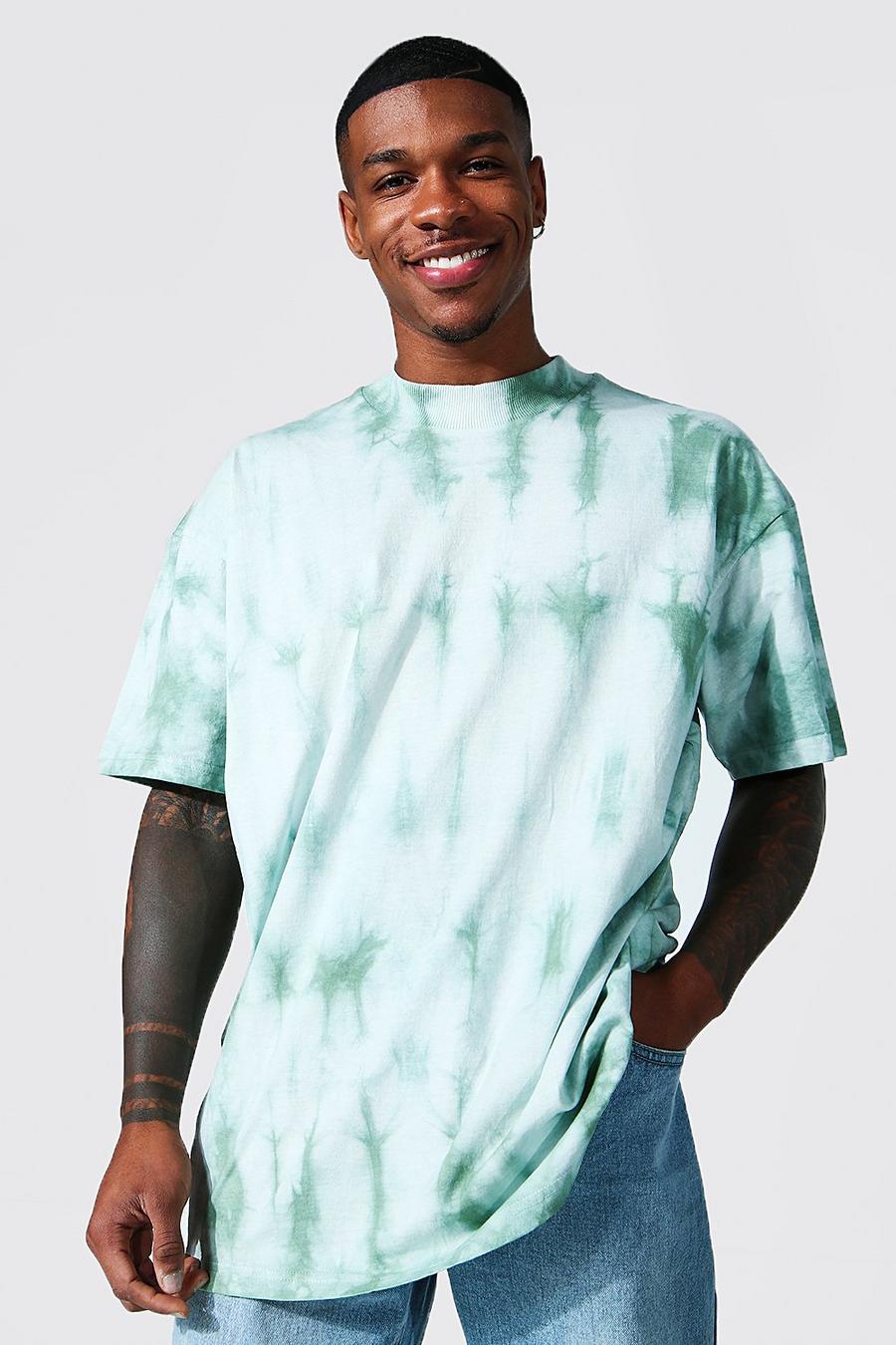 T-shirt oversize in fantasia tie dye con girocollo ampio, Sage image number 1