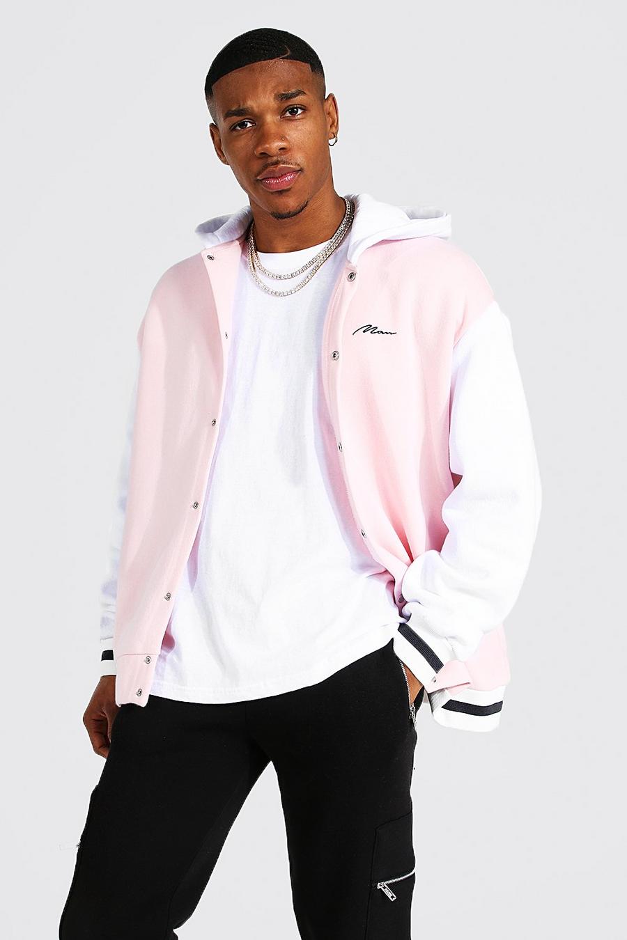 Chaqueta oversize MAN bomber universitaria con capucha de tela jersey, Light pink image number 1