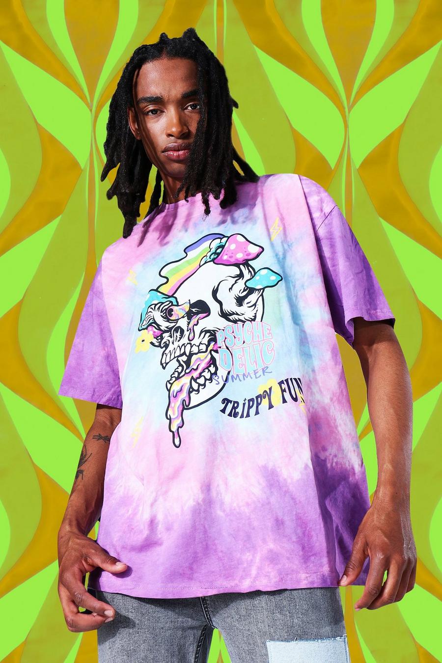 Übergroßes Batik-T-Shirt mit Worldwide Skull-Print, Violett image number 1