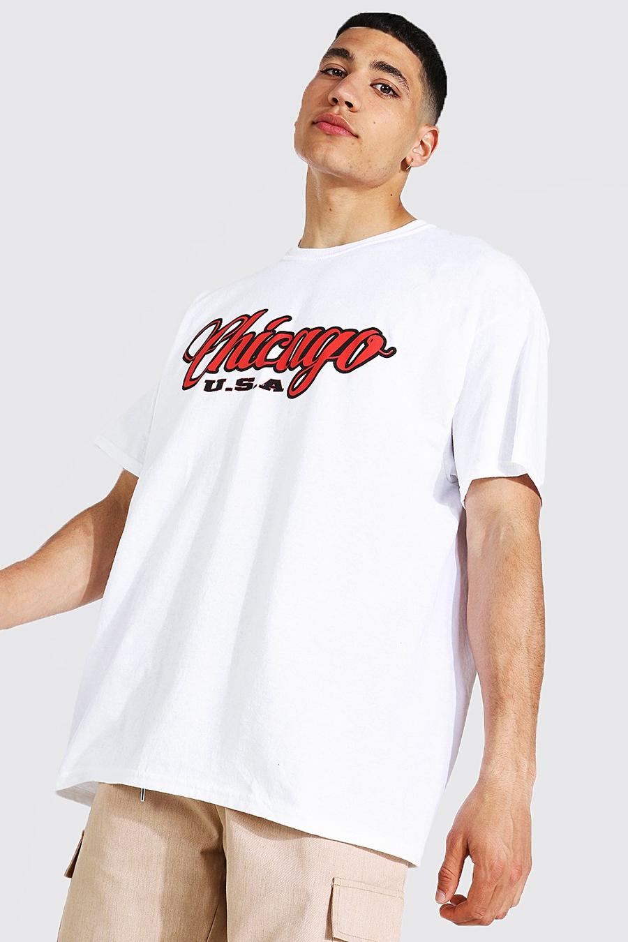 Übergroßes College-T-Shirt mit Chicago-Print, Weiß image number 1