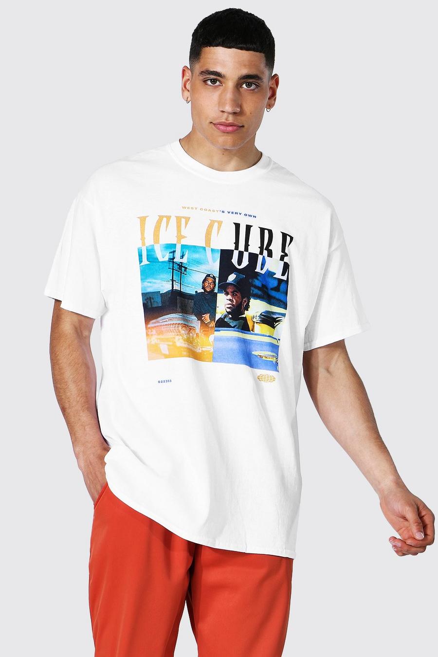 Oversize gespleißtes T-Shirt mit Ice Cube Print, Weiß