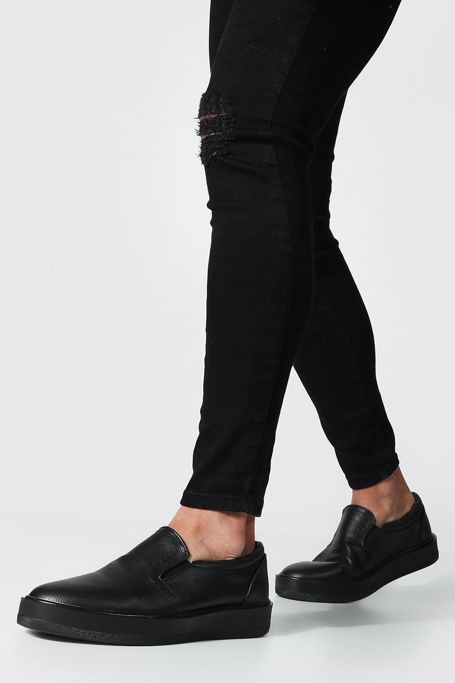 Zapatillas elegantes sin cordones efecto cuero, Black image number 1
