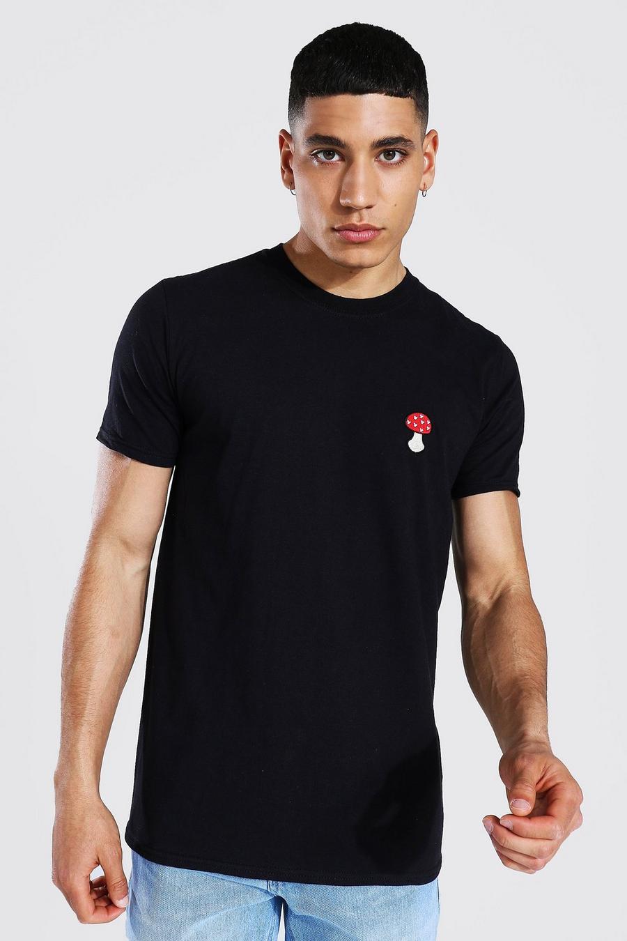 Black Mushroom Embroidered Crew Neck T-shirt image number 1