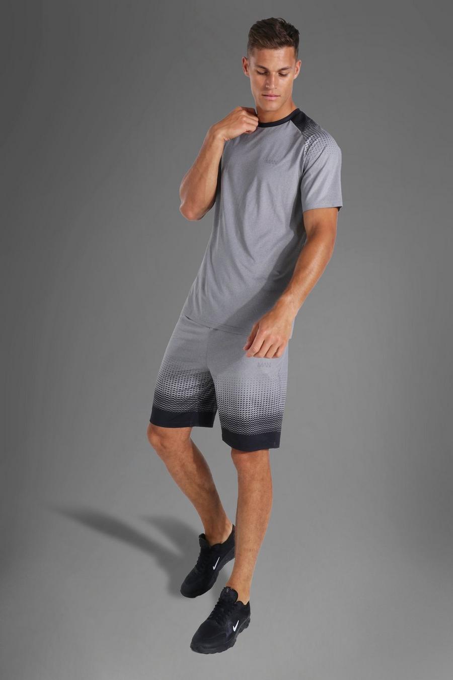 Grey marl grå Tall - MAN Active T-shirt med raglanärm och shorts med ombréeffekt image number 1