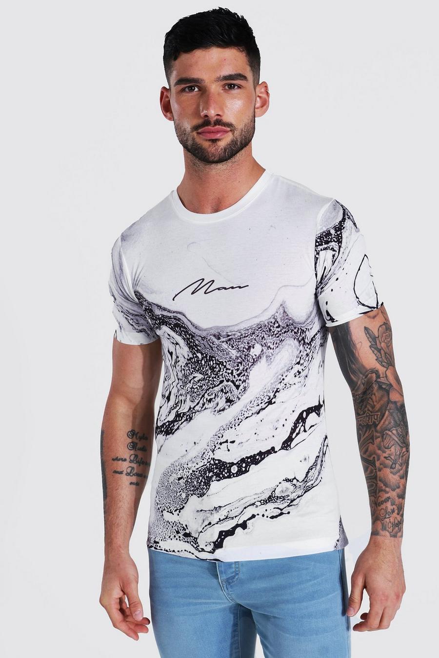 Camiseta MAN Signature ajustada al músculo con estampado efecto mármol, White image number 1