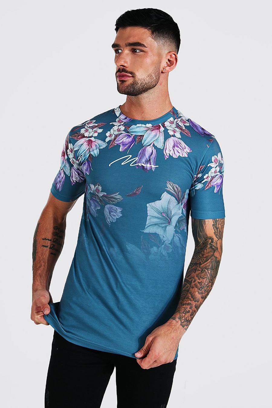 T-shirt attillata a fiori sfumata con firma Man, Navy image number 1
