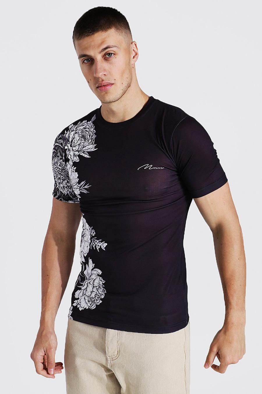 Camiseta MAN Signature ajustada al músculo con estampado de flores, Black image number 1