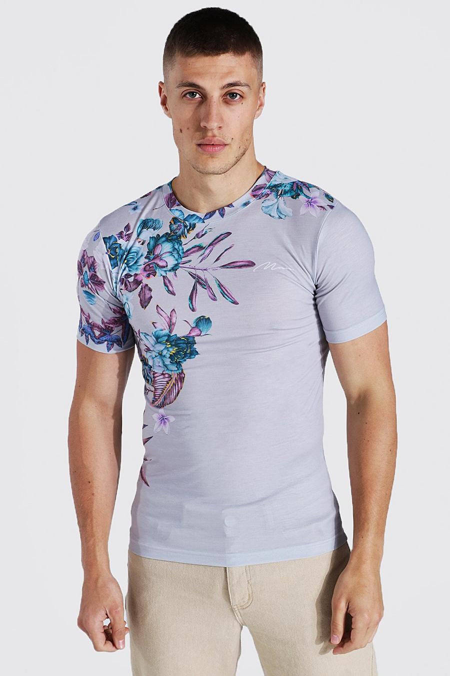 Camiseta MAN Signature ajustada al músculo con estampado de flores, Grey image number 1