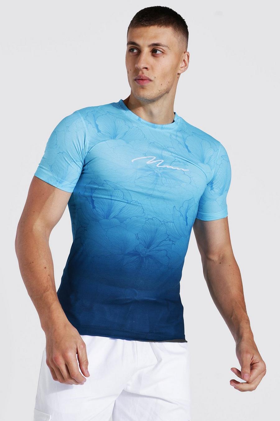 Camiseta MAN Signature ajustada al músculo con estampado de flores en degradado, Blue image number 1