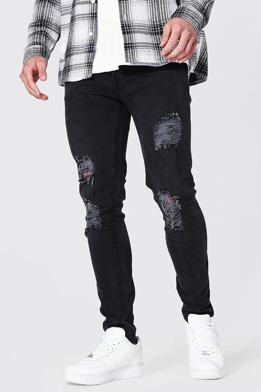 Washed black Skinny Stretch Jeans With Multi Rips image number 1