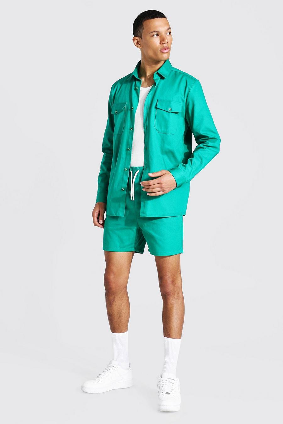 Green Tall Gestreept Keperstof Overhemd Met Lange Mouwen En Shorts image number 1
