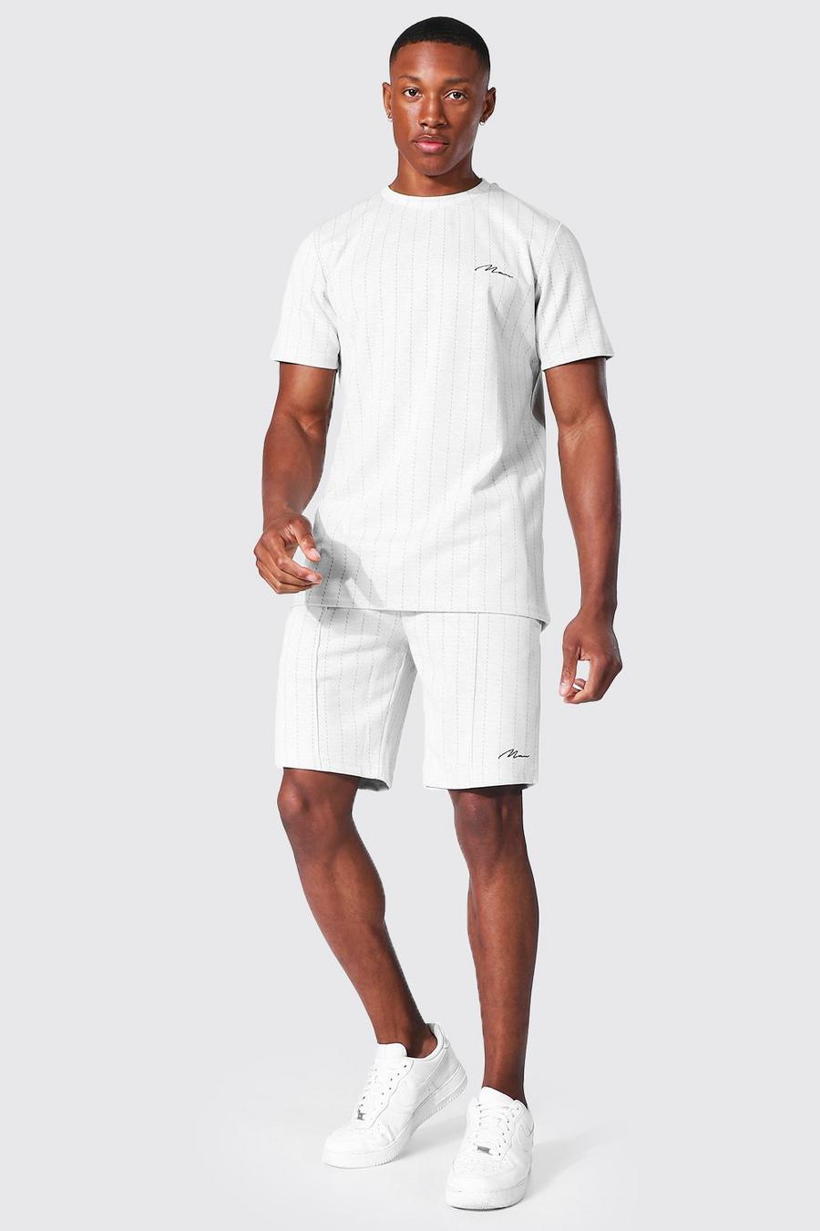 Man Jacquard gestreiftes T-Shirt & Shorts Set, White image number 1
