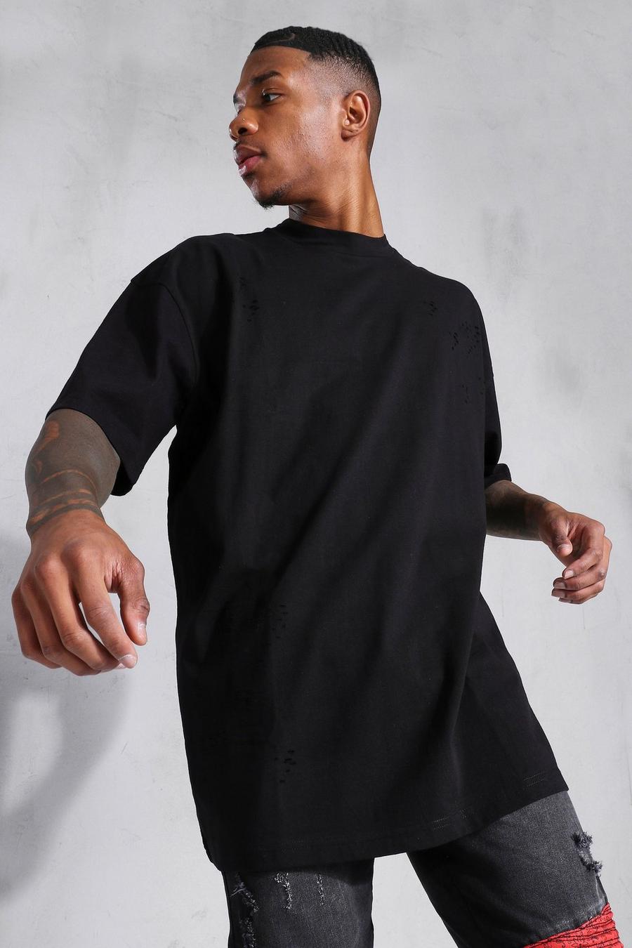 Black Oversized Versleten T-Shirt Met Brede Nek image number 1