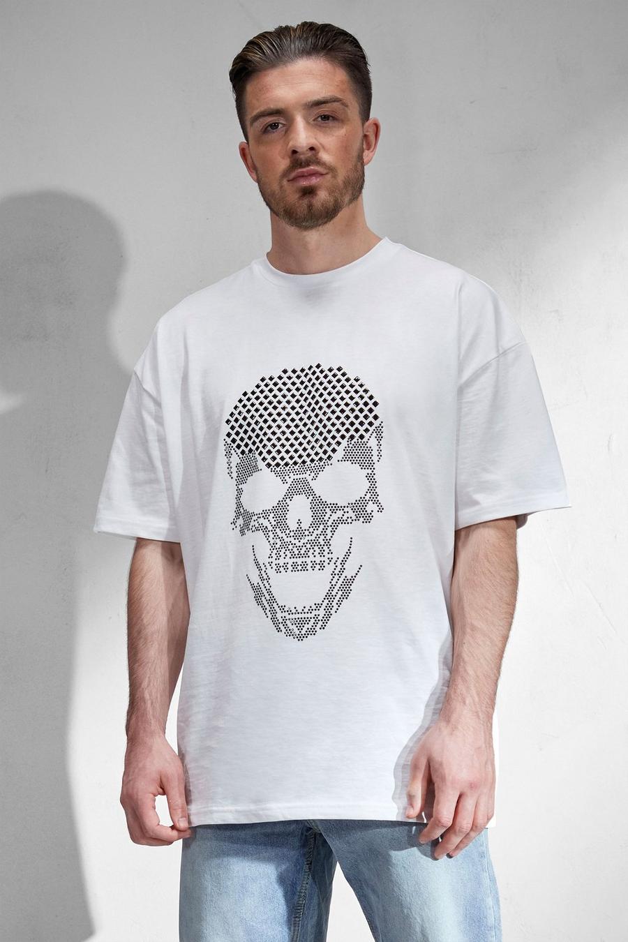 Oversize T-Shirt mit Totenkopf und Strass, Weiß image number 1